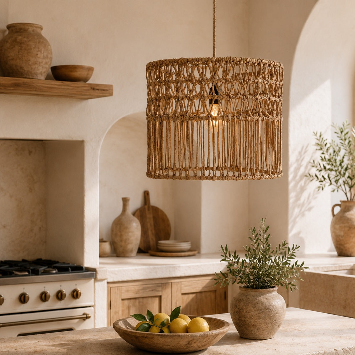 A cylindrical woven rattan pendant light with a warm glowing bulb, hanging in a rustic, warm-toned Mediterranean-style kitchen with beige plaster walls, wooden cabinets, and a stone countertop.