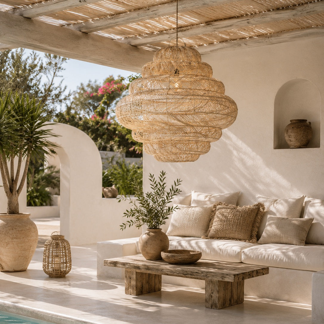 A large, tiered wicker pendant chandelier hangs in a bright, sunlit outdoor patio lounge area with a white sofa, wooden coffee table, and potted plants.