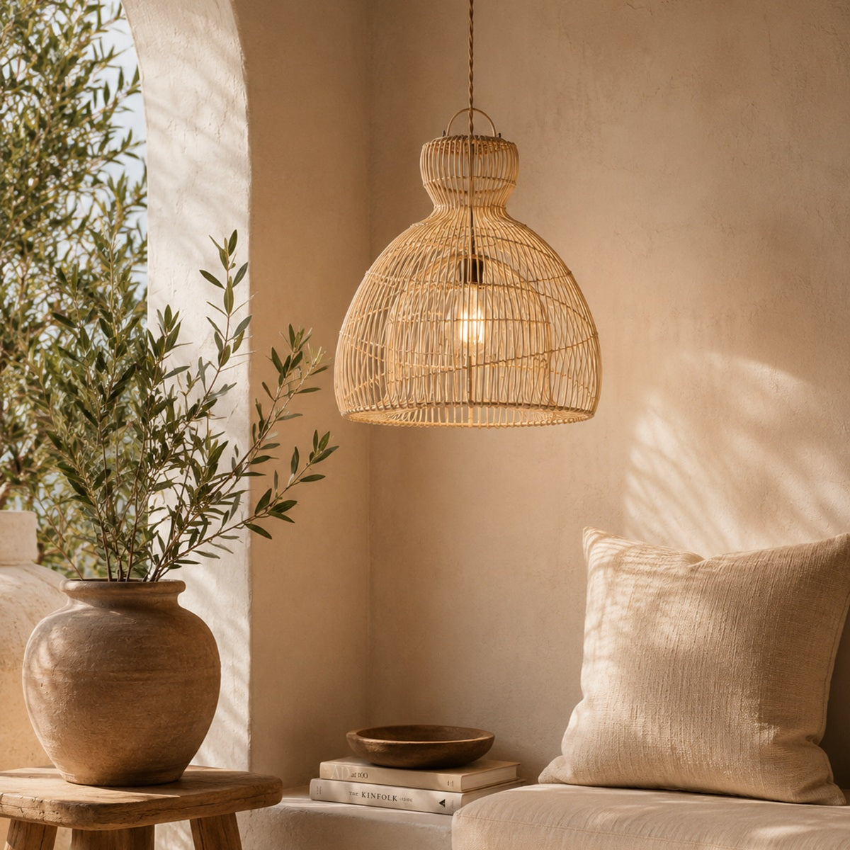 A woven rattan pendant light with a warm glowing bulb, hanging in a cozy, sunlit room with a beige sofa, textured pillows, and a potted olive tree.