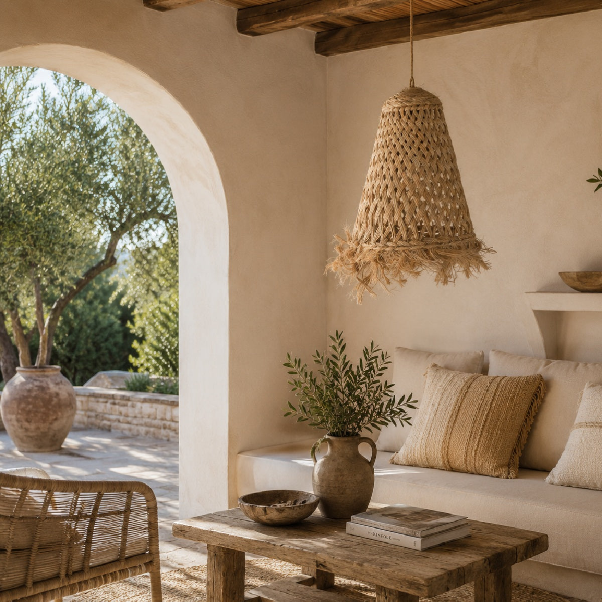 A woven natural-fiber pendant light hangs in a rustic, sunlit room with a cream sofa, textured pillows, a wooden coffee table, and an arched doorway leading to an outdoor garden.