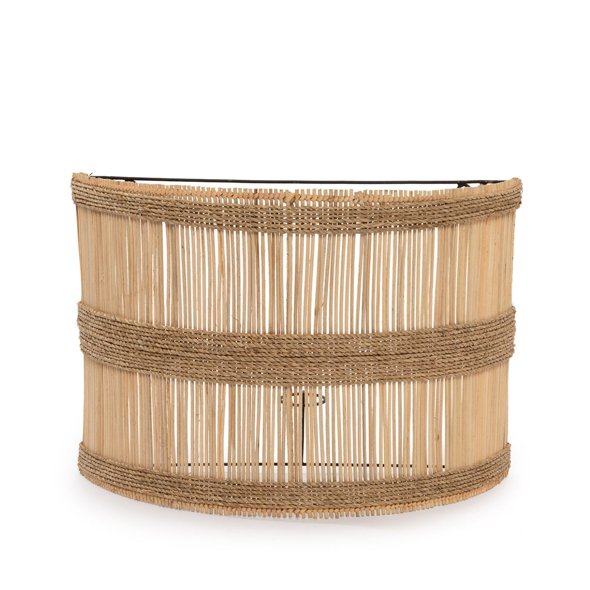 Woven wall lamp cover with jute straps on a white background