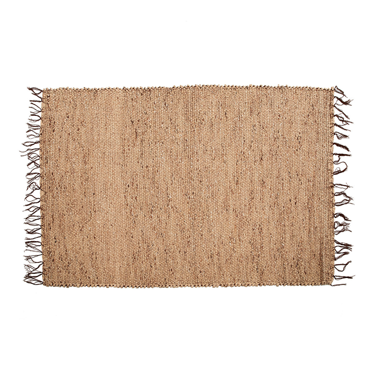 Natural fibre woven rug with fringes on a white background