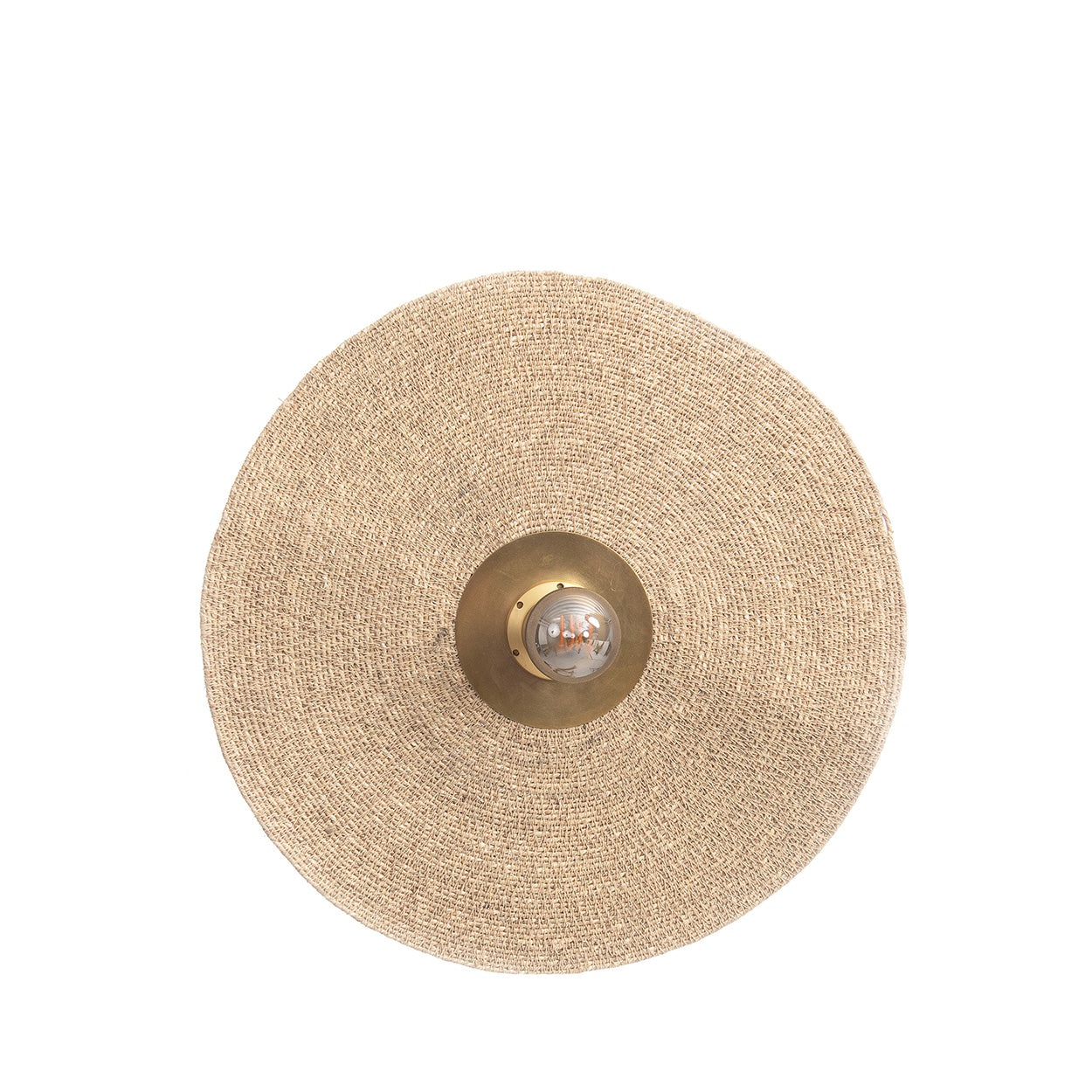 Round woven light fixture on a white background