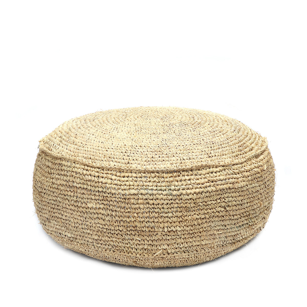 Round woven pouffe on a white background