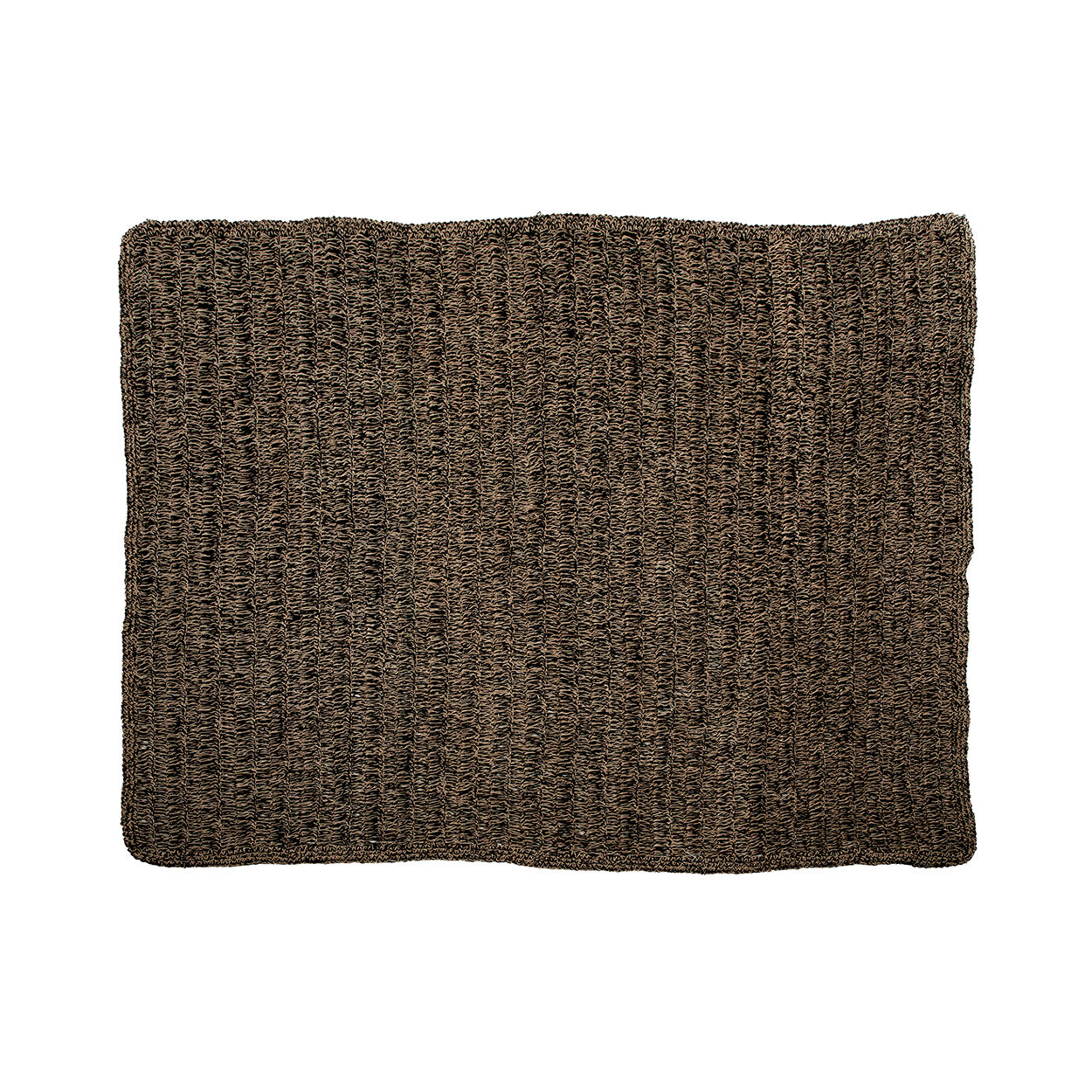 Textured black and natural hand made rug on a white background