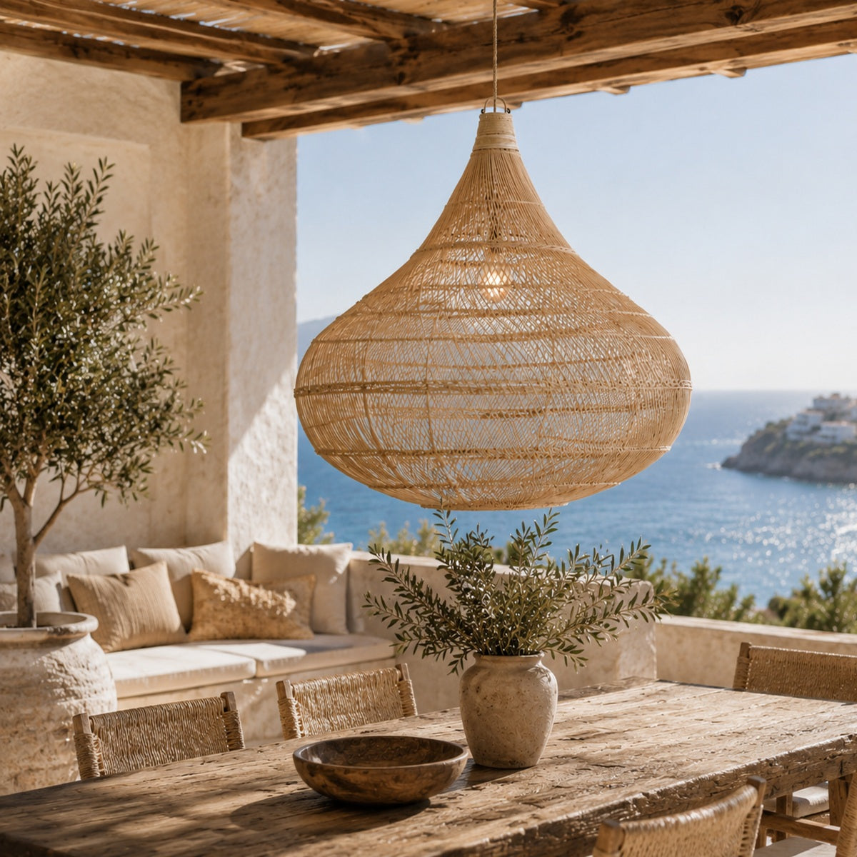 A large woven wicker pendant light hangs over a rustic wooden dining table on an outdoor patio with a sea view background.