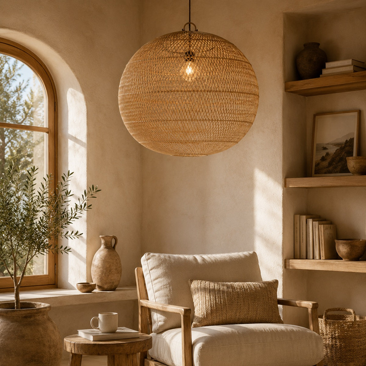 A large spherical woven rattan pendant light hangs in a warm, sunlit room with beige walls, a wooden chair, shelves, and a window.