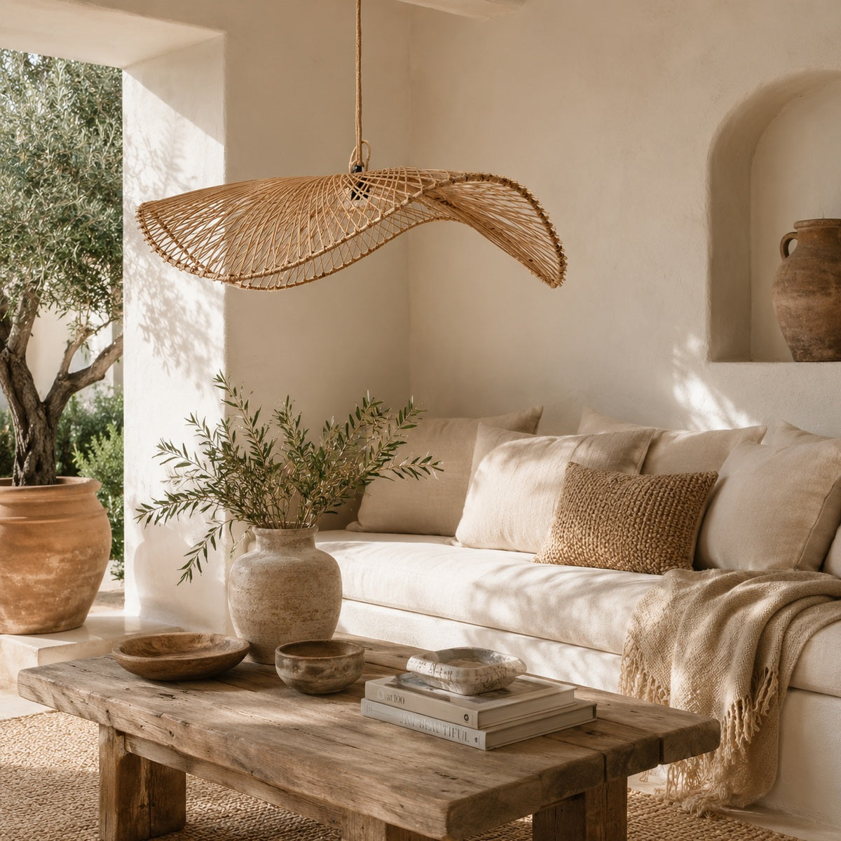 A boho-style woven rattan pendant light hanging in a sunlit, neutral-toned living room with a cream sofa, rustic wooden coffee table, and terracotta decor.