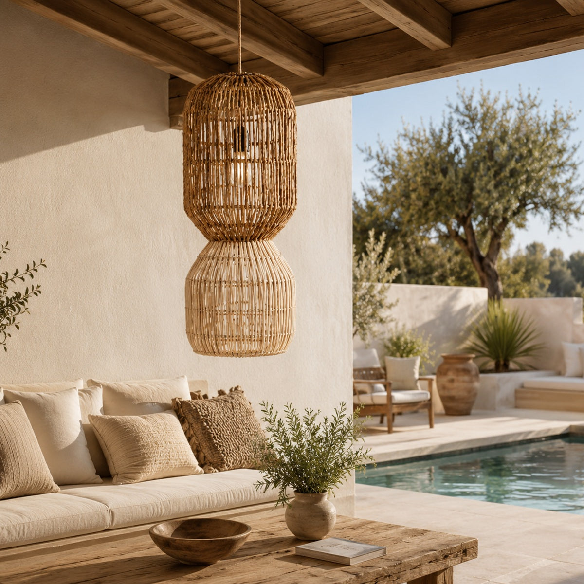 A two-tiered wicker pendant light in a natural tan color hangs in a modern outdoor patio setting next to a swimming pool, with a beige sofa and wooden table in the foreground.