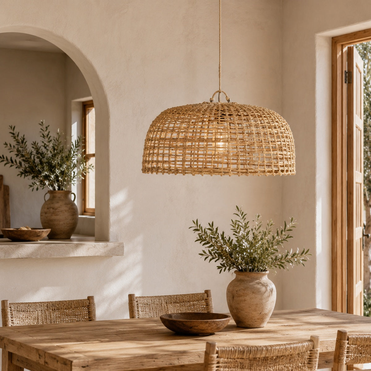 A woven rattan dome pendant light hangs over a rustic wooden dining table in a warm, sunlit room with cream walls, wicker chairs, and potted plants.