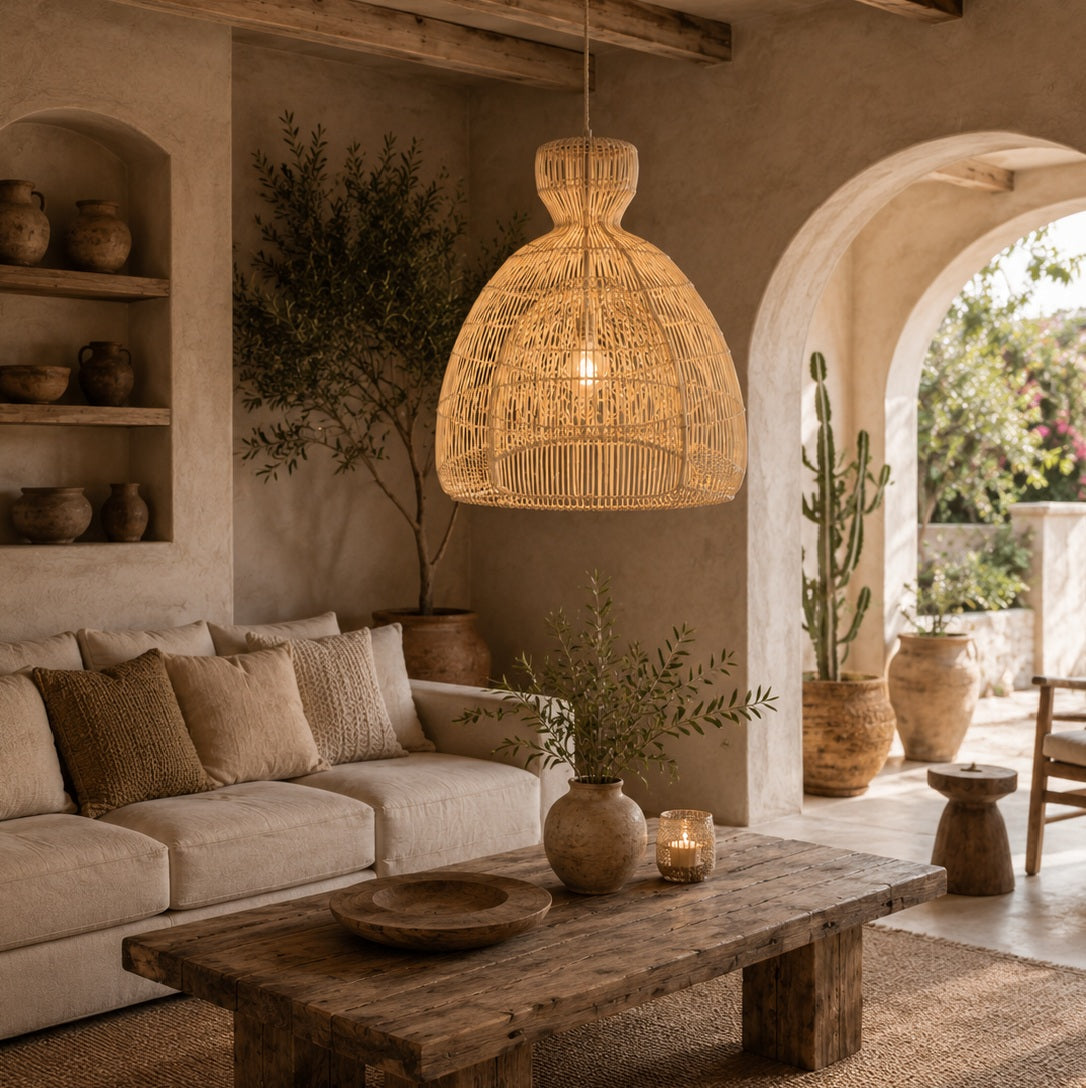 A woven natural-fiber pendant light hangs in a rustic, warm-toned living room with a beige sofa, wooden coffee table, and potted plants.