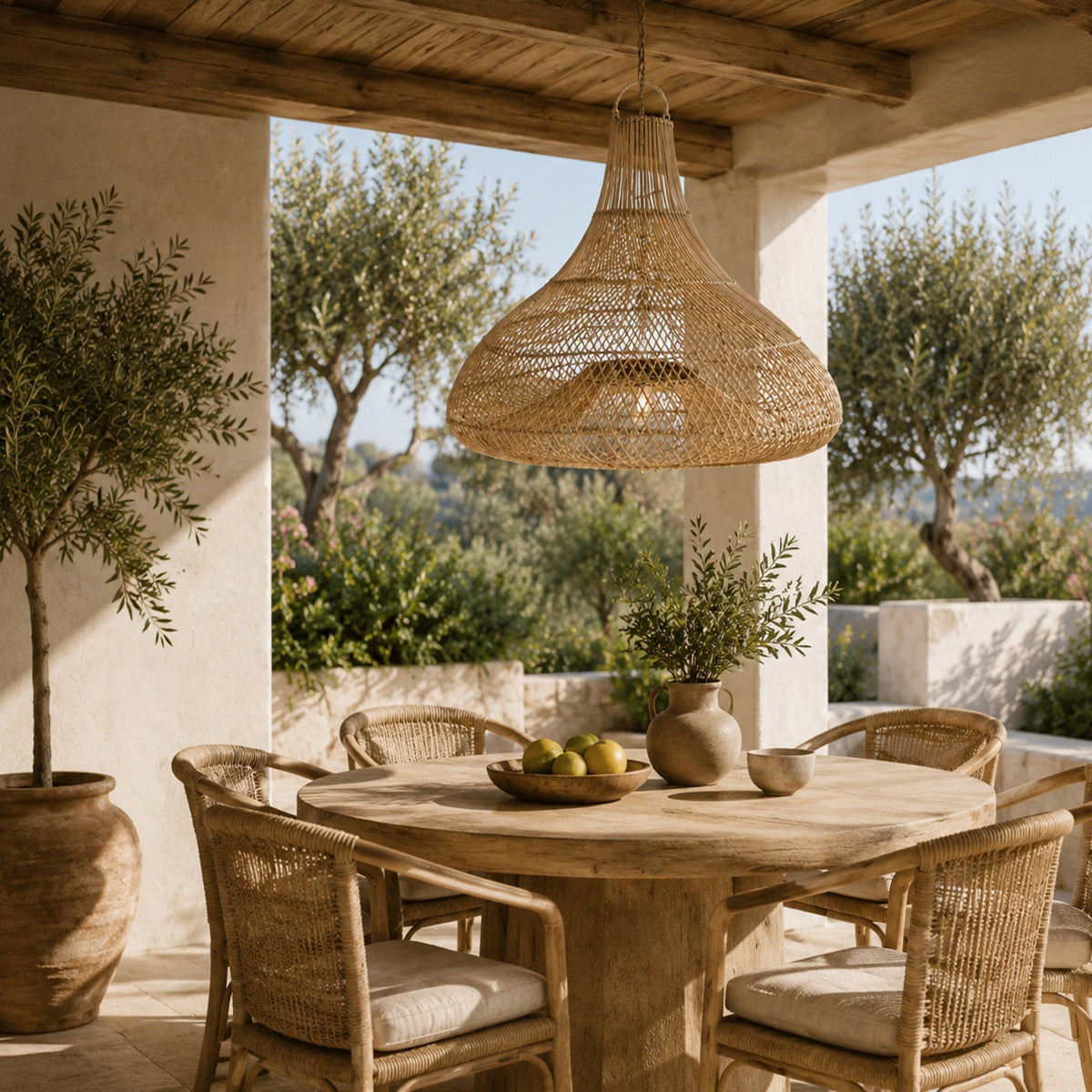 A woven natural fiber pendant light hangs over a round wooden dining table with wicker chairs on a covered patio. The scene includes potted olive trees, a vase with greenery, and a stone wall background with trees visible outside.