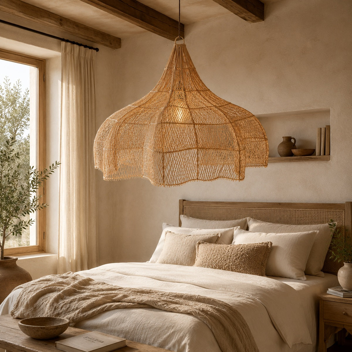 A large woven wicker pendant light hangs over a neatly made bed in a warm, rustic bedroom with beige walls, wooden ceiling beams, and a window with sheer curtains.