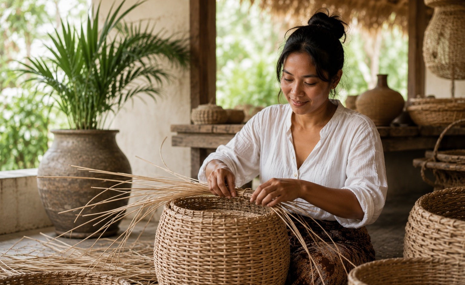 Woman weaving a artisan basket in a rustic setting in Bali with plants and pottery.