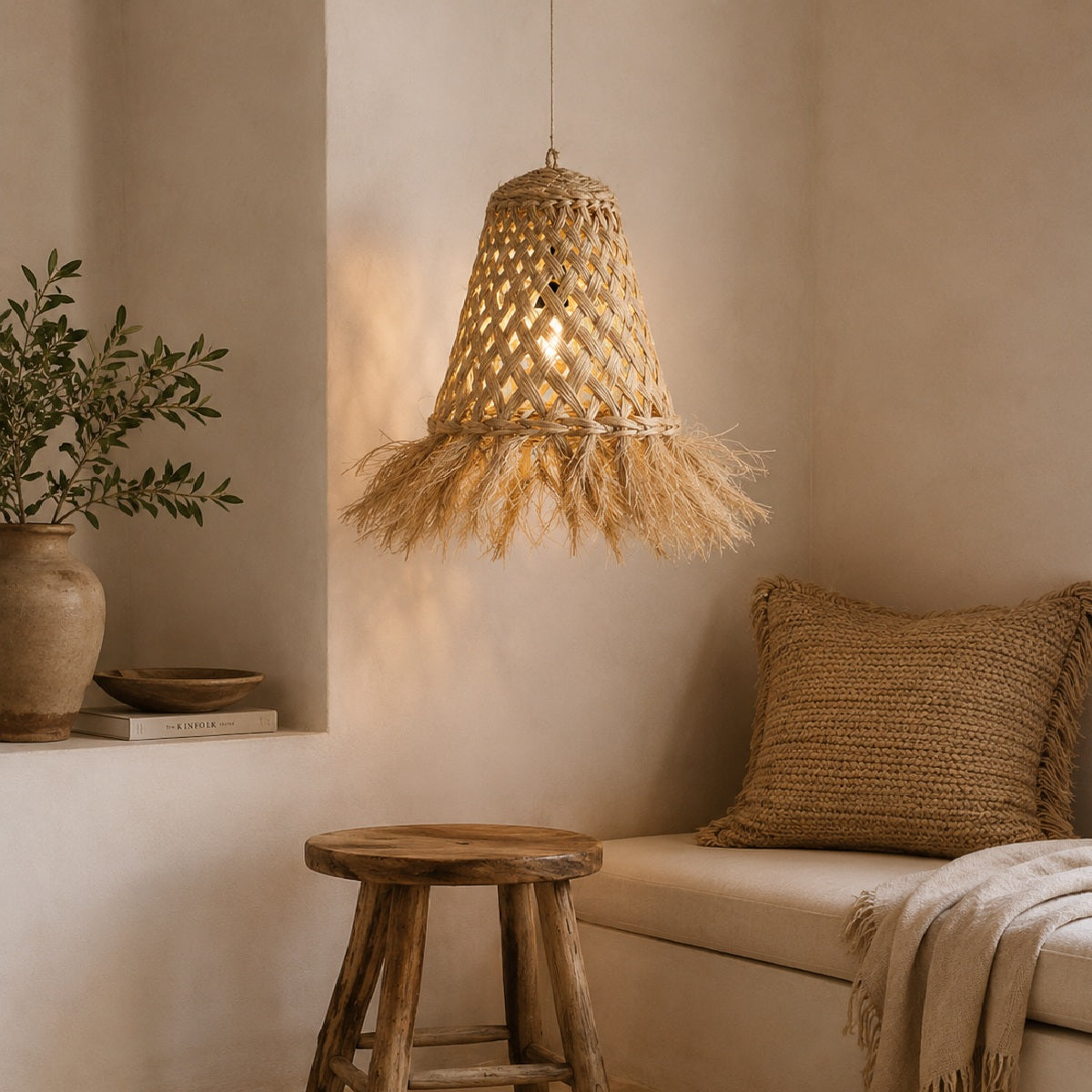 A bohemian-style woven rattan pendant light with a natural straw fringe, hanging in a warm, neutral-toned room above a rustic wooden stool and a cozy cushioned bench.