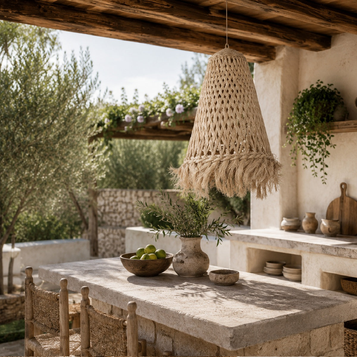 A woven natural-fiber pendant lamp with fringe hangs over a rustic stone table in an outdoor patio setting with olive trees, plants, and wooden beams.