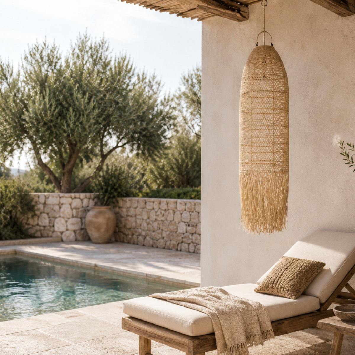 A bohemian-style woven rattan pendant light hangs from a wooden ceiling beam in a sunlit outdoor patio setting next to a swimming pool and a cream chaise lounge.