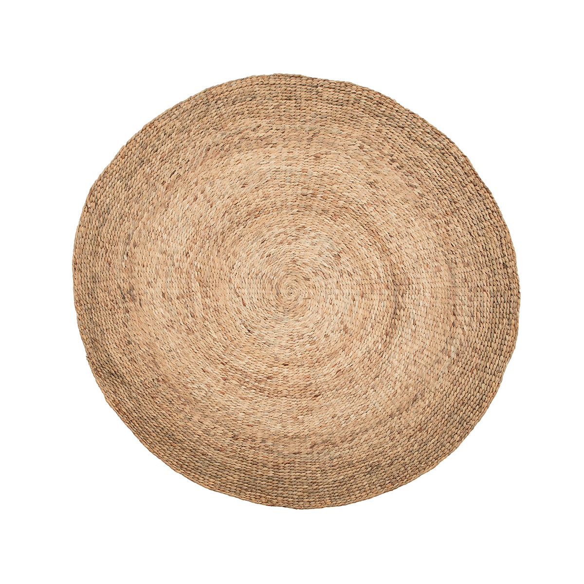 Round woven hyacinth fibre rug on a white background