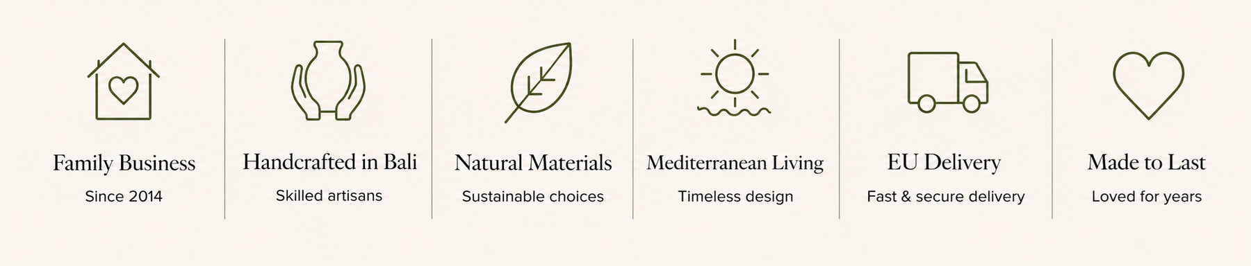 A horizontal infographic banner with six icons and text describing product attributes: Family Business, Handcrafted in Bali, Natural Materials, Mediterranean Living, EU Delivery, and Made to Last. The banner has a light beige background with dark gray text and icons.