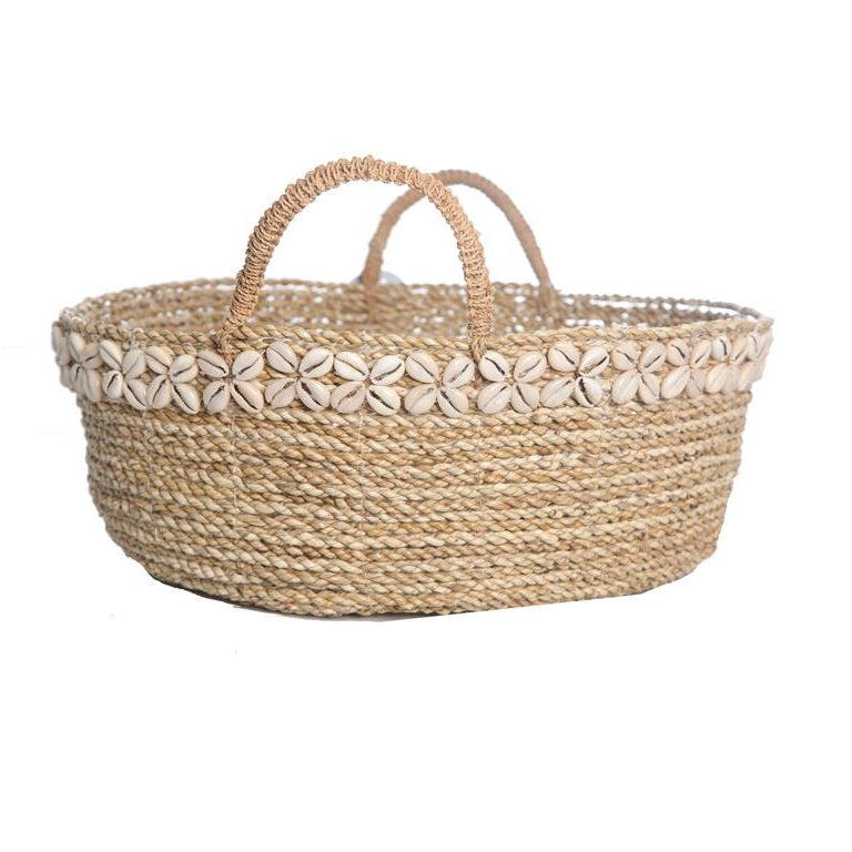 Round Basket With Shell Decoration - Natural